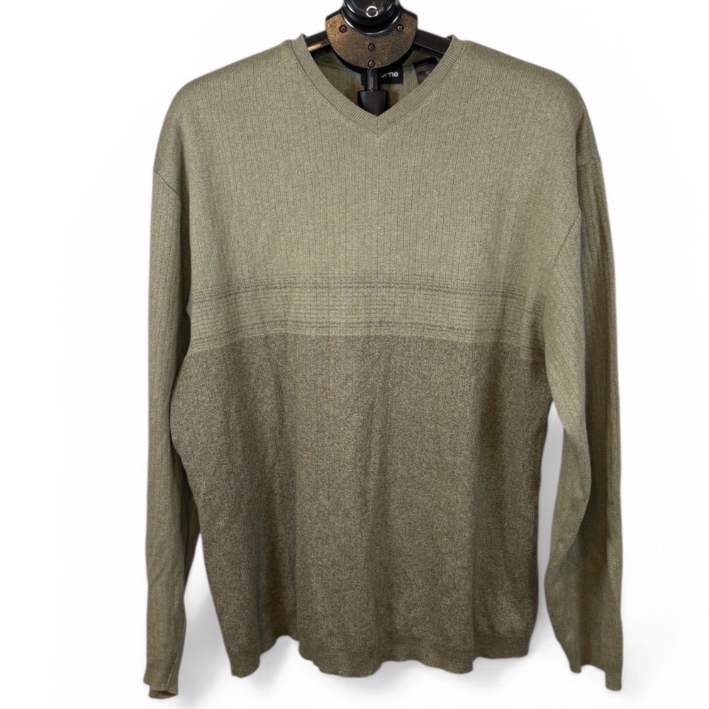 Claiborne Mens XL Olive Green‎ V-Neck Cotton Ribbed Colorblock Sweater